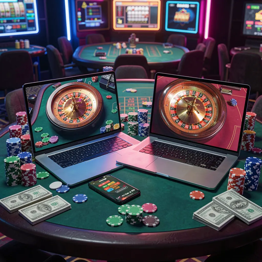 Modern online casino gameplay on laptop and smartphone with a glowing roulette wheel and stacked chips showcasing the immersive SR 97 casino experience for players in the Philippines