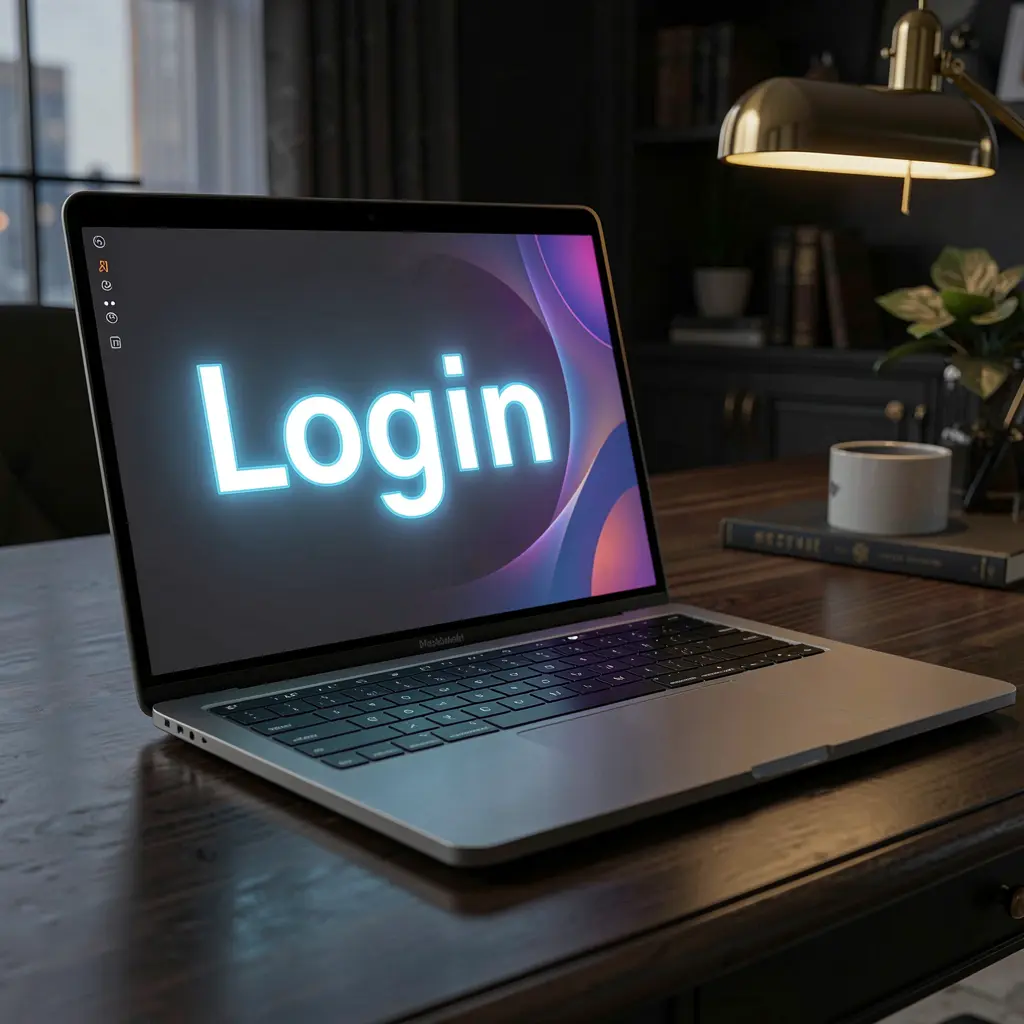 Modern laptop on a dark table displaying the SR 97 login screen with a bright interface inviting secure account access for players in the Philippines