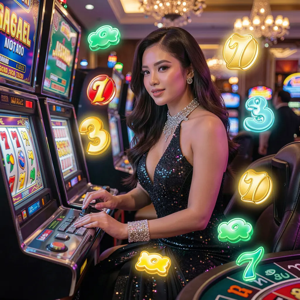 Glamorous woman in a luxury dress standing beside glowing slot machines representing the premium slot gaming experience at SR 97 Casino for players in the Philippines